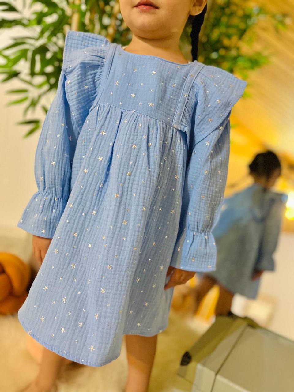 Mavi Yaldızlı Müslin Kız Çocuk Elbise Pamuklu