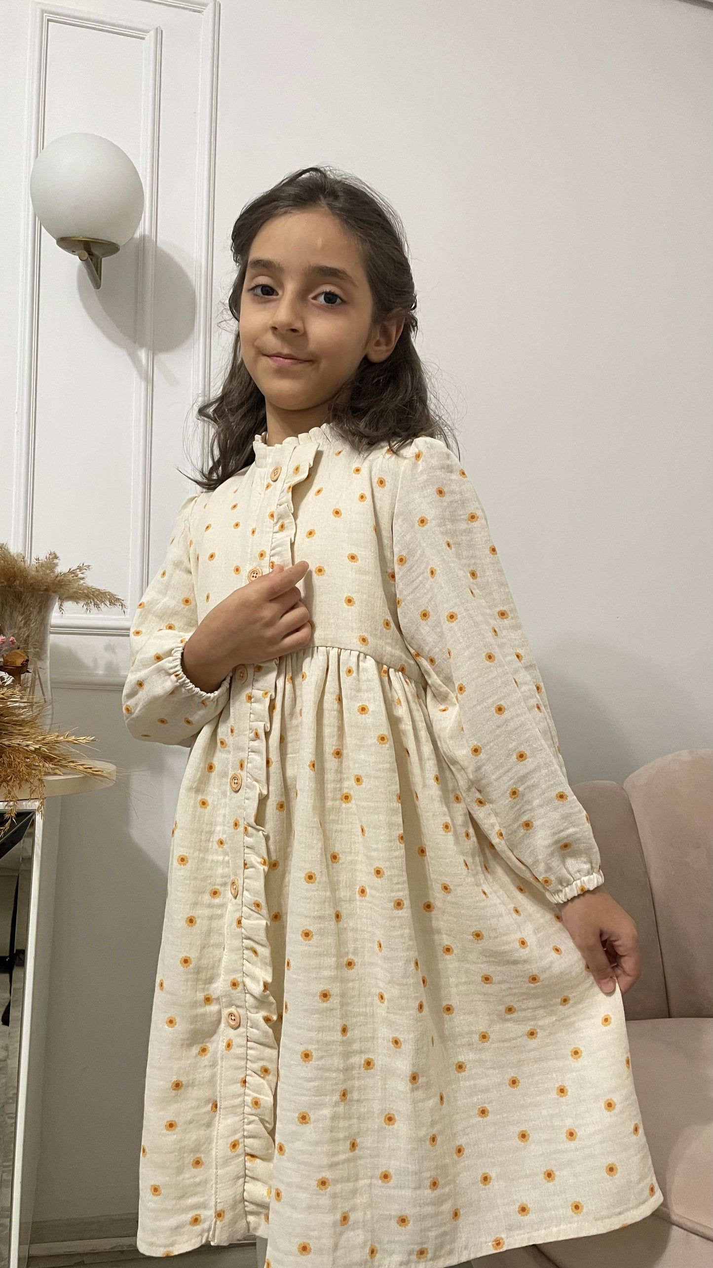 Ayçiçekli Müslin Kız Çocuk Elbise Tam Boy -Ara Boy Seçenekli 4-5 Yaştan 12-13 Yaşa Kadar