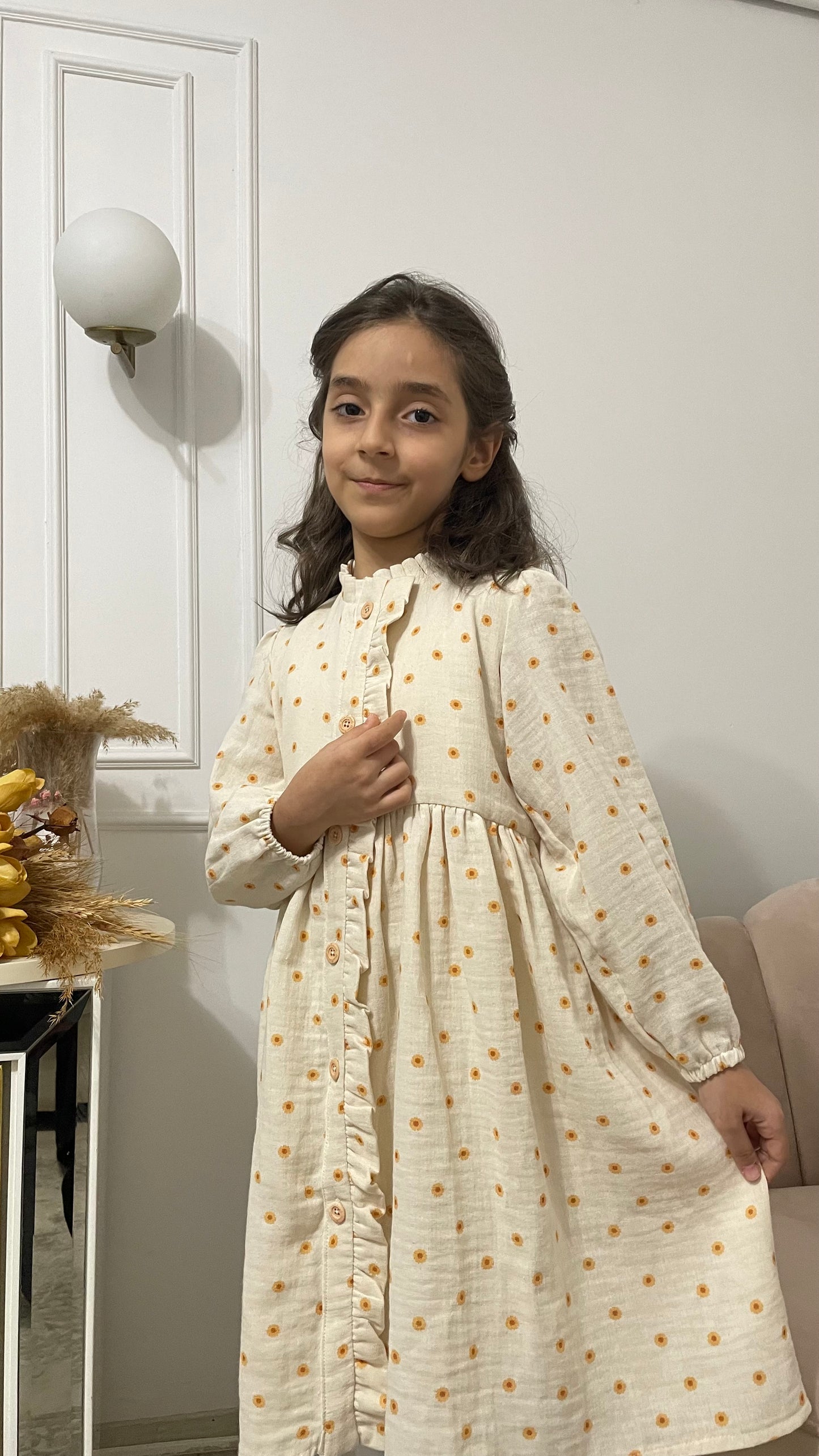 Ayçiçekli Müslin Kız Çocuk Elbise Tam Boy -Ara Boy Seçenekli 4-5 Yaştan 12-13 Yaşa Kadar