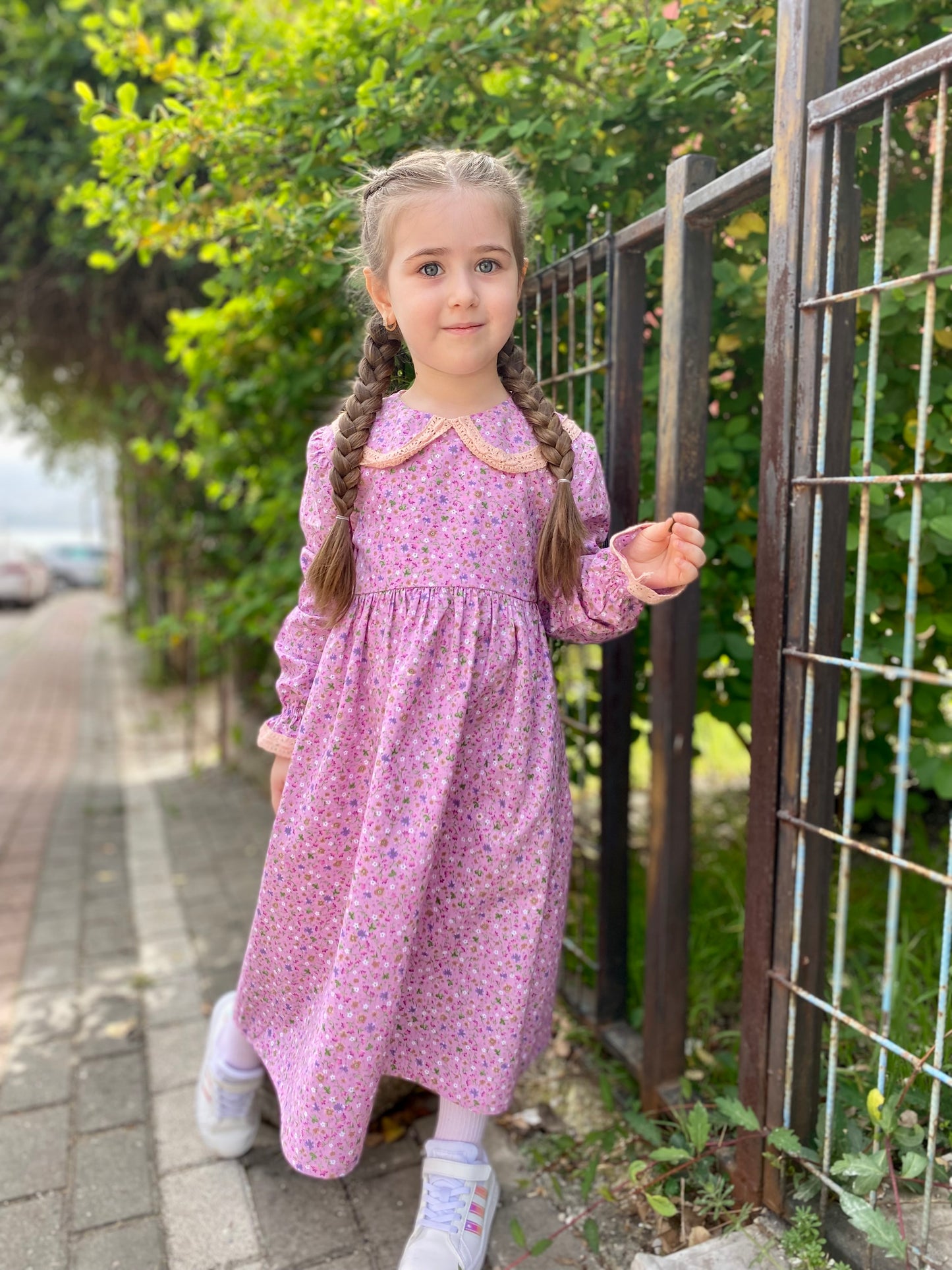 Kız Çocuk Çiçekli Poplin Pamuklu Elbise Fisto Detaylı