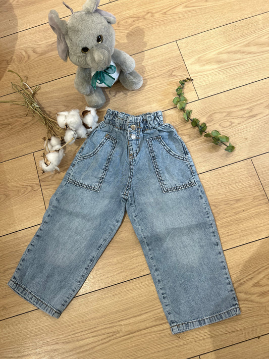 Kız Çocuk Cep Detaylı Beli Lastikli Yumuşak Kotlu Bol Paça Pantolon