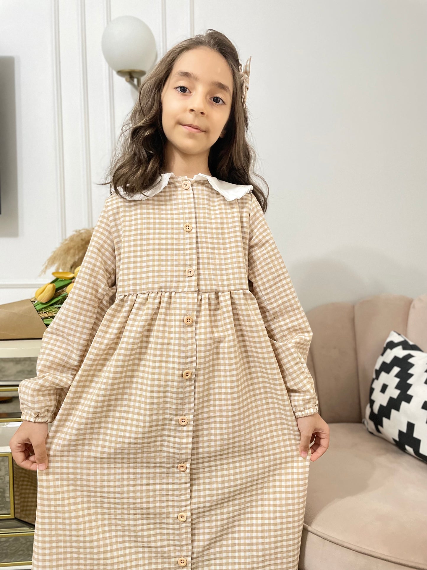 Kız Çocuk Ekoseli %100 Pamuklu Elbise