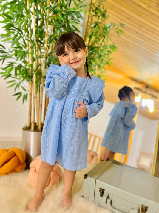 Mavi Yaldızlı Müslin Kız Çocuk Elbise Pamuklu