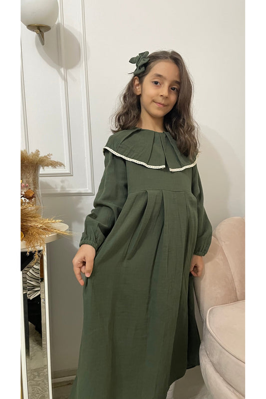 Girl Yusa Baby Kids Ruffle Collar Khaki Green GOTS Certified Muslin Hijab Full Length Dress